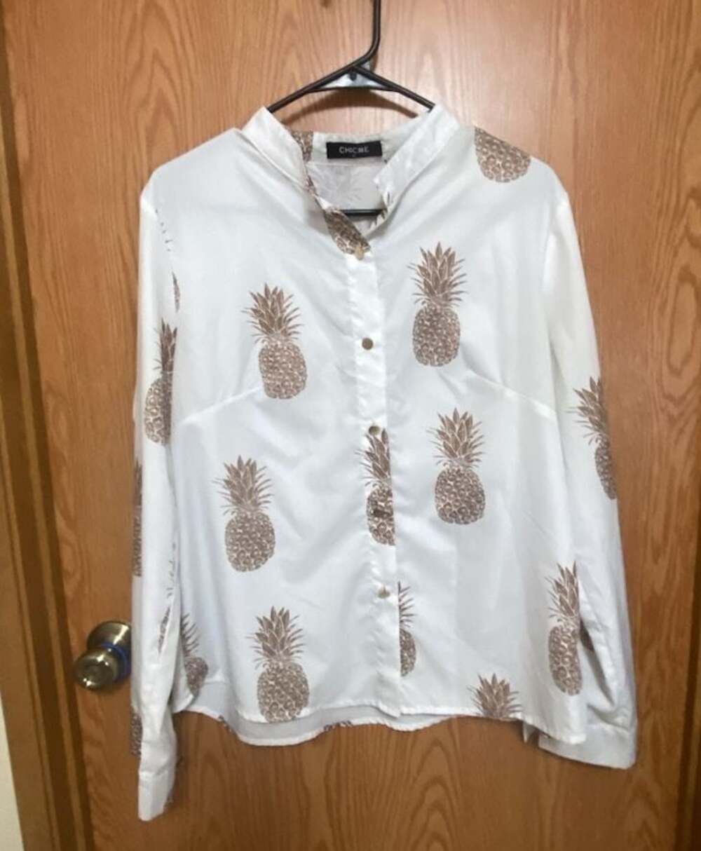 Chicme White Pineapple Print Mock Neck Long Sleeve Button Down Blouse Size XL